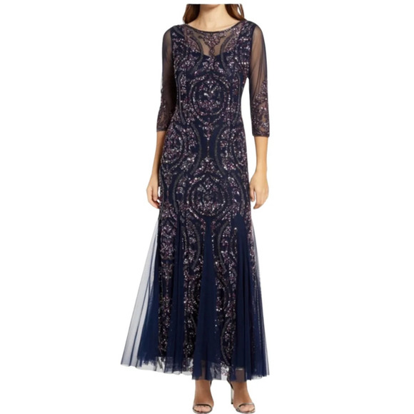 PISARRO NIGHTS Sequin Beaded Illusion Gown In Navy Sz 10 - Picture 1 of 12